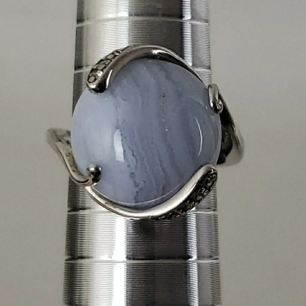 Blue Lace Agate Cabochon Ring CZ Accent 925 Silver Size 6